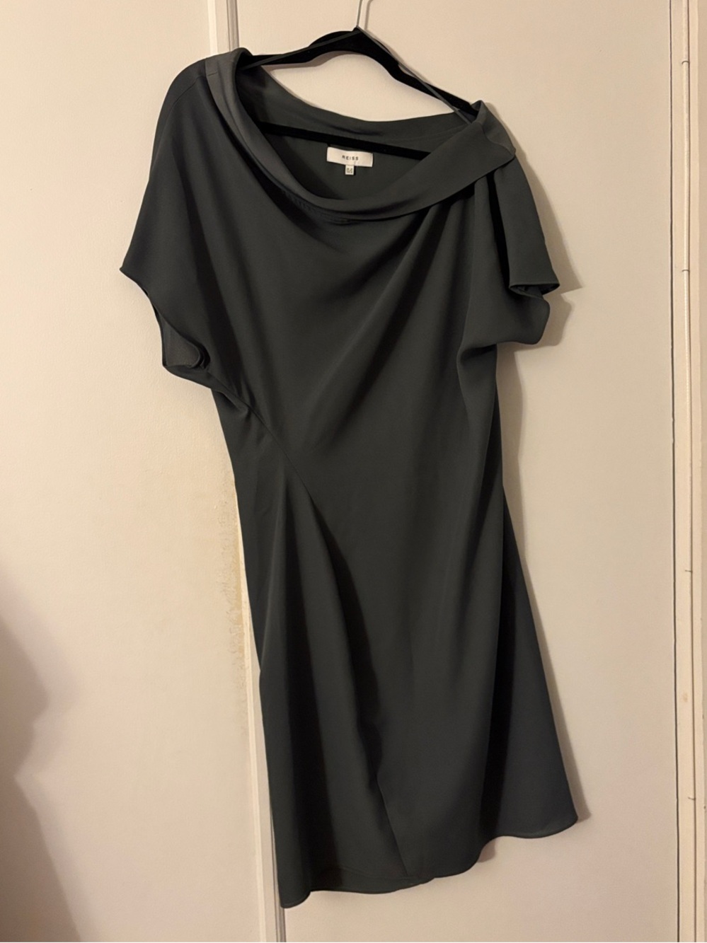 Reiss Minimalist Olive Women's Dress with Draped Neckline